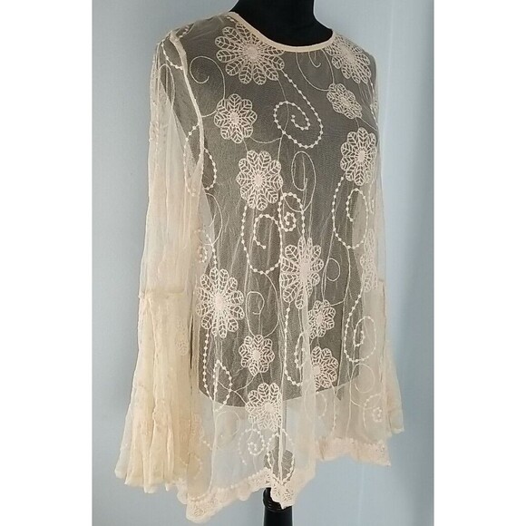 Love Stitch Sheer Boho Floral Lace Tunic Top Large Back zip Split Bell Sleeve - Picture 10 of 13